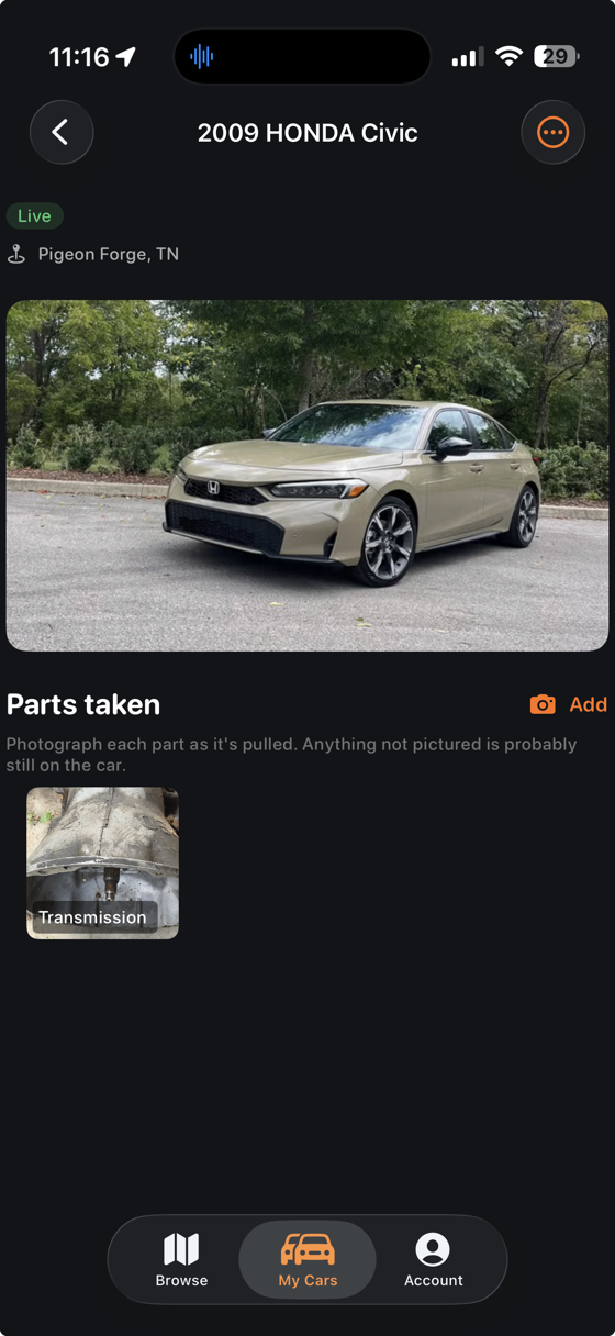 A listing showing the parts already taken