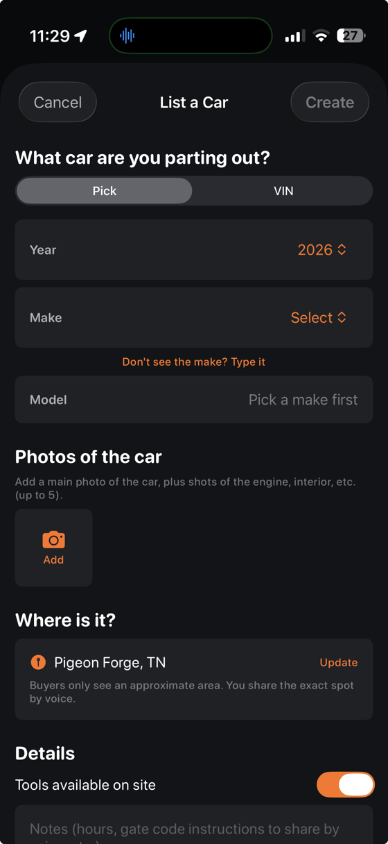 Listing a car with the Tools available toggle